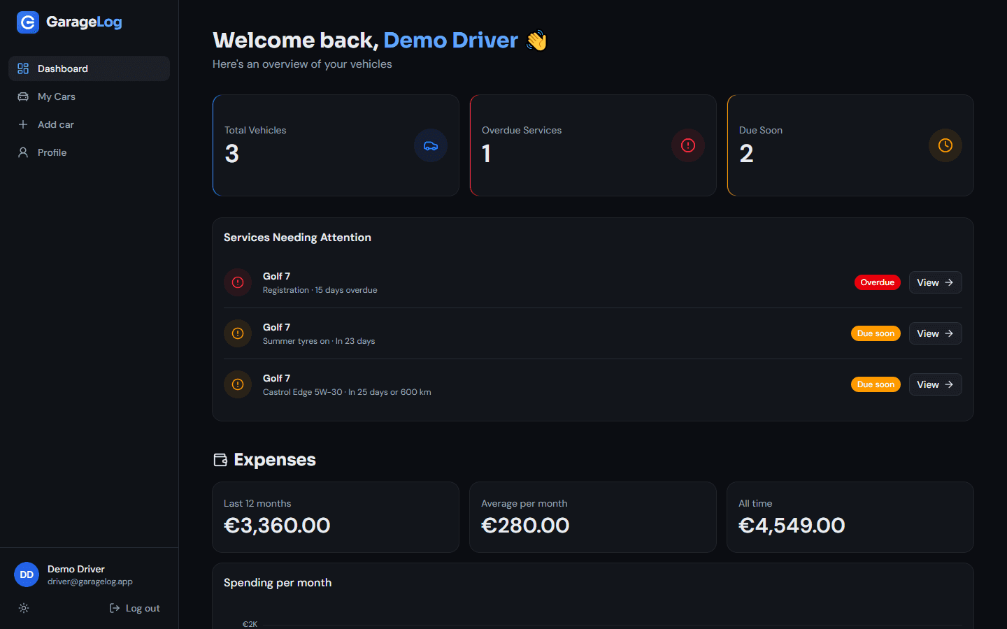 GarageLog dashboard with service reminders and expenses