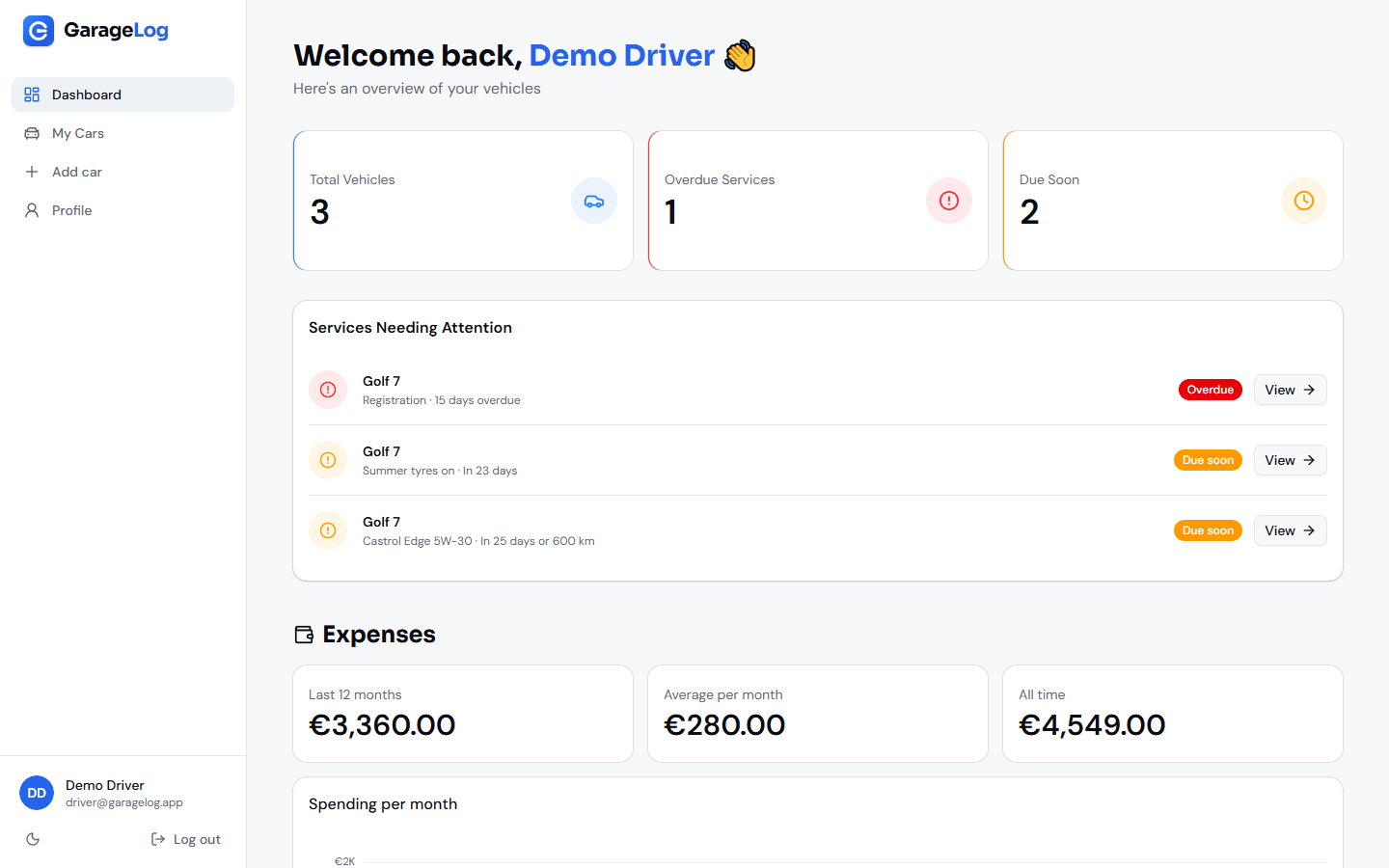 GarageLog dashboard with service reminders and expenses