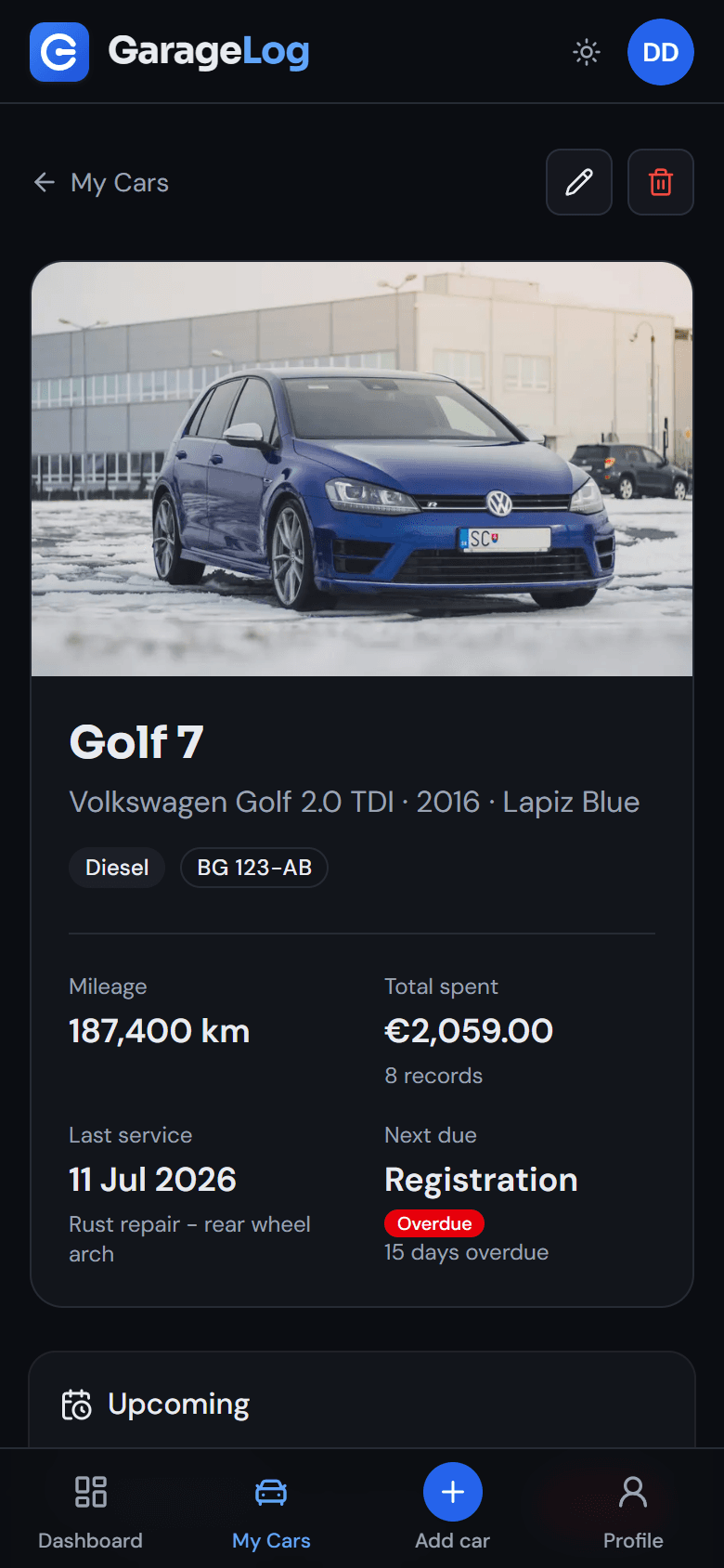 GarageLog car page on a phone