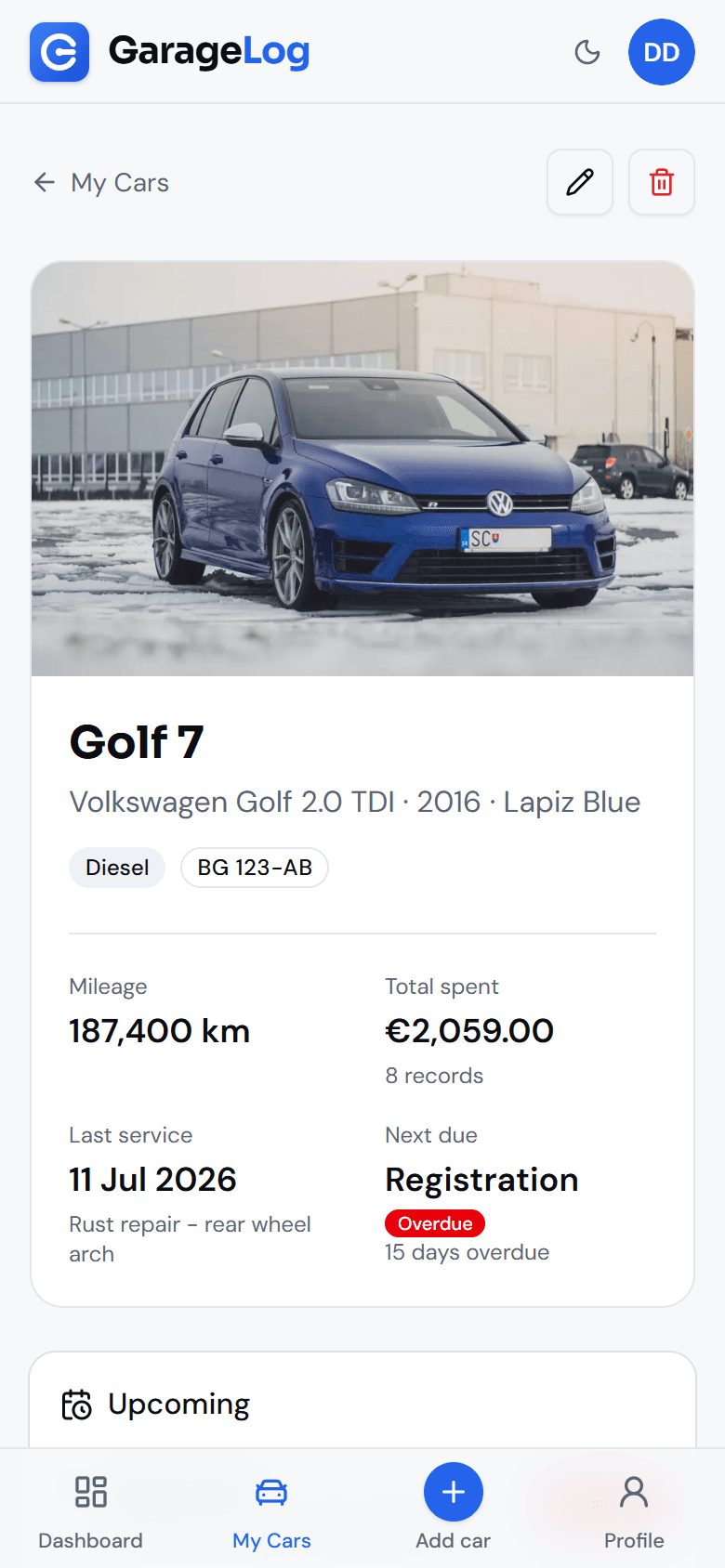 GarageLog car page on a phone